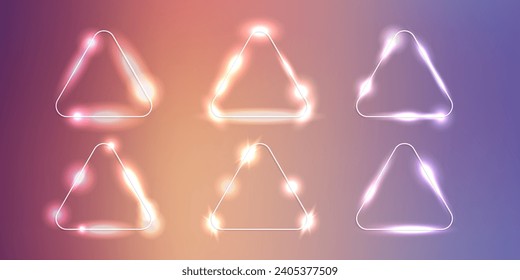 Set of six rounded triangle neon frames with shining effects and sparkles on brown background. Empty glowing techno backdrop. Vector illustration