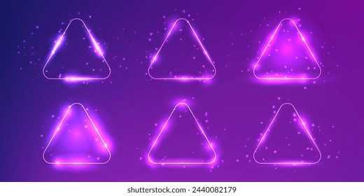 Set of six rounded triangle neon frames with shining effects and sparkles on dark purple background. Empty glowing techno backdrop. Vector illustration