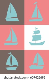 Sechs Segelschiff-Silhouetten einzeln in quadratischen Abschnitten. Vektorgrafik