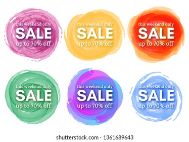 Set of Six Sale this weekend only up to 70% off sign with shadow over red watercolor spot. Vector illustration.