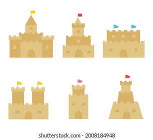 Set of six sand castles. Vector illustration. Summer collection.