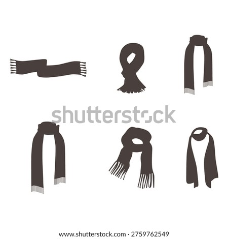 Set of Six Scarf Silhouettes and Winter Fashion Accessory Icons for Seasonal Design