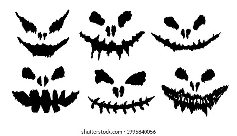 A set of six scary faces of ghosts or pumpkins in flat style. Elements for decoration and design. Vector illustration.