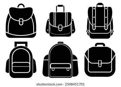 Set of Six School Bag Icon Silhouettes - Vector Illustration