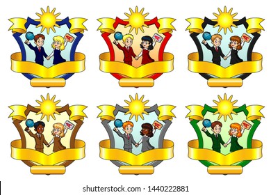 Set six School emblem of a class. Blue, red, black, brown, green and gray with gold a badge with the space for inscriptions. Happy children. A vector illustration in cartoon style, separately on white