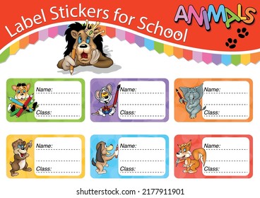 Set Of Six School Labels With Cute Animals - Colorful Cartoon Illustrations Isolated On White Background, Vector