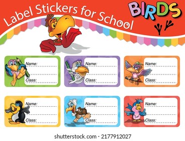 Set of Six School Labels with Cute Birds - Colorful Cartoon Illustrations Isolated on White Background, Vector