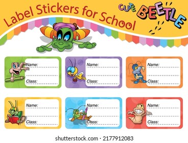 Set of Six School Labels with Cute Beetles - Colorful Cartoon Illustrations Isolated on White Background, Vector