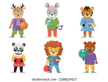 A set of six schoolchildren - animals with school attributes (books, calculator, ball, paints, etc.). Back to school! Lion, bear, deer, panda, tiger, hare (rabbit).