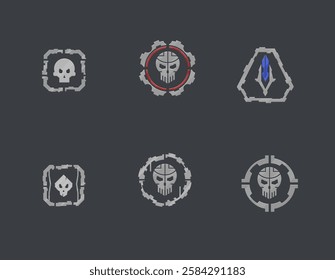 Set Of Six Sci Fi Futuristic Hud Skull Circle Logo Element For Military Game UI E-sport Isolated Vector Design