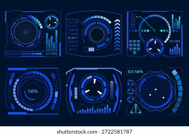 Conjunto de seis paneles HUD de ciencia ficción con radar, código binario, gráficas, medidores y Elementos de interfaz digital. Ilustración vectorial.