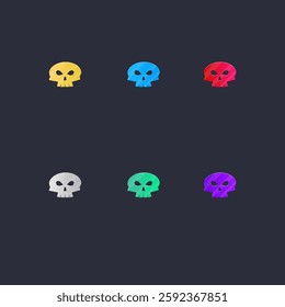 Set Of Six Scull Metallic Icon Logo Design In Different Colors Element Deadly Scary Vector Isolated On Black