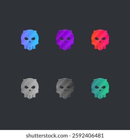 Set Of Six Scull Metallic Icon Monster Logo In Different Colors Design Element Deadly Scary Vector Isolated On Black