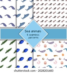 Set with six sea animal seamless pattern with surgeonfish, narwhale and shark, coral. Undersea world habitants print. Hand drawn underwater life collection. Funny cartoon marine animals character