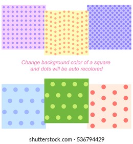 Set of six seamless backgrounds with auto recoloring dots patterns, eps10 vector illustration