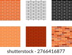 Set of six seamless brick wall texture vector patterns in orange white black and red