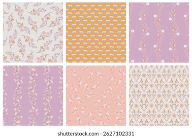 Conjunto de seis padrões coloridos sem costura com planta convolvulus, seus ramos com flores e folhas. Modelos retrô para impressões de moda. Planos de fundo florais, ilustração vetorial