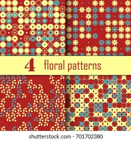 Set of six seamless floral pattern with colored elements, vector abstract background, colorful floral background