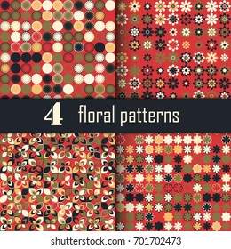 Set of six seamless floral pattern with colored elements, vector abstract background, colorful floral background