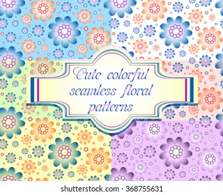 Set of six seamless floral patterns in different pale colors. Seamless background. Floral design. Abstract flowers. Retro style. Vector illustration