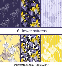 Set of six  seamless flower pattern. Patterns can be used as background, fabric print, surface texture, wrapping paper, web page backdrop, wallpaper. Vector illustration.