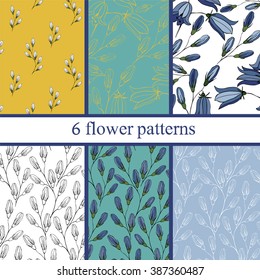 Set of six  seamless flower pattern. Patterns can be used as background, fabric print, surface texture, wrapping paper, web page backdrop, wallpaper. Vector illustration.