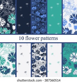 Set of six  seamless flower pattern. Patterns can be used as background, fabric print, surface texture, wrapping paper, web page backdrop, wallpaper. Vector illustration.