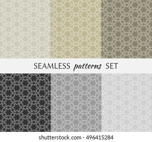 Set of six seamless geometric patterns. Endless repeating texture in arabian style. Seamless line pattern, ethnic ornament. Isolated seamless geometric lace backgrounds. Monochrome and pastel colors