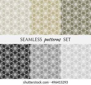 Set of six seamless geometric patterns. Endless repeating texture in arabian style. Seamless line pattern, ethnic ornament. Isolated seamless geometric lace backgrounds. Monochrome and pastel colors