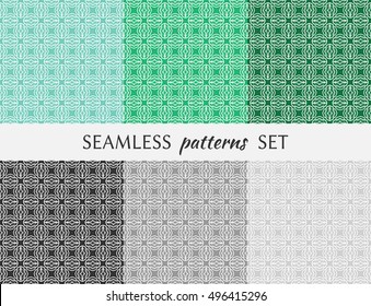 Set of six seamless geometric patterns. Endless repeating texture in eastern style. Seamless line pattern, ethnic ornament. Isolated seamless geometric lace backgrounds. Monochrome and pastel colors