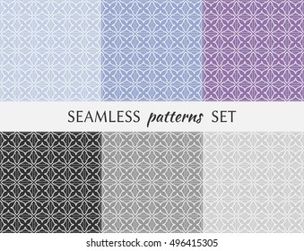 Set of six seamless geometric patterns. Endless repeating texture in eastern style. Seamless line pattern, ethnic ornament. Isolated seamless geometric lace backgrounds. Monochrome and pastel colors