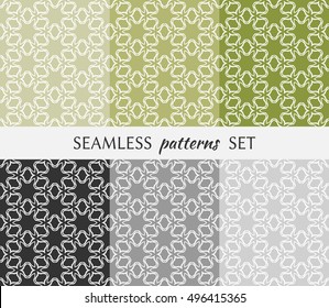 Set of six seamless geometric patterns. Endless repeating texture in arabian style. Seamless line pattern, ethnic ornament. Isolated seamless geometric lace backgrounds. Monochrome and pastel colors