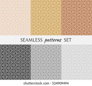 Set of six seamless geometric patterns. Endless repeating texture in arabian style. Seamless line pattern, ethnic ornament. Isolated seamless geometric lace backgrounds. Monochrome and pastel colors
