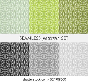 Set of six seamless geometric patterns. Endless repeating texture in arabian style. Seamless line pattern, ethnic ornament. Isolated seamless geometric lace backgrounds. Monochrome and pastel colors