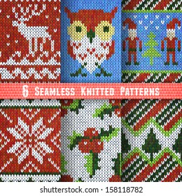 Set of six seamless knitted patterns. Vector illustration, eps10.