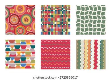 Set of six seamless modern simple minimal abstract geometric colorful light patterns. Vector hand drawn endless backgrounds