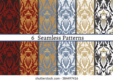 Set of six  seamless pattern of baroque style. Patterns can be used as background, fabric print, surface texture, wrapping paper, web page backdrop, wallpaper. Vector illustration.