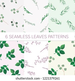 Set of six seamless pattern with herbs, leaves and plant. Seamless pattern can be used for wallpaper, pattern fills, web page background, surface textures.All elements are isolated and editable