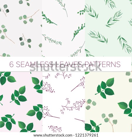 Set of six seamless pattern with herbs, leaves and plant. Seamless pattern can be used for wallpaper, pattern fills, web page background, surface textures.All elements are isolated and editable