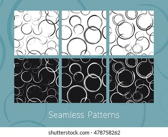 Set of six seamless patterns of abstract circles. Tiled background which can be used for wallpaper, wrapping, textile, print, web etc. Repeating textures in vector eps8 format.