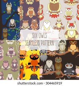 Set of six seamless patterns with birds. Cute owl seamless pattern. Cartoon style bird.