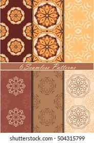 Set of six seamless patterns with mandalas in beautiful chocolate and beige colors. Vector background