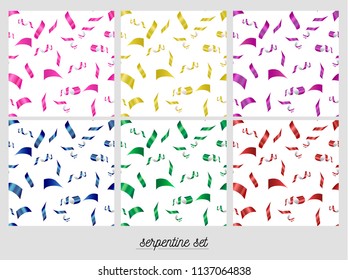 Set of six seamless patterns with serpentine. colorful confetti on a white background.