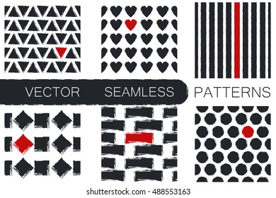 Set with six seamless patterns with triangles, strokes, rhombus, hearts , stripes and polka dots for your creative designs.