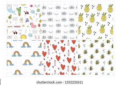 Set of six seamless patterns. Various doodle elements, pineapples, eyes, hearts and lipsticks, bees and rainbows. Hand drawn colored vector illustration. Flat design. Every pattern is isolated