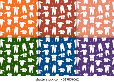 Set of six seamless retro patterns with newborn baby clothes. Collection white clothing for children on colorful background. Vector illustration.