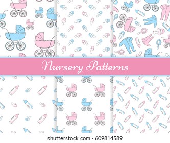 Set of six seamless vector patterns with items for newborn: baby carriages, clothing, rattle, soothers and feeding bottles. All patterns are already in swatches.