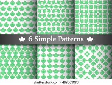 Set of six seemless patterns with green transparent maple leafs. Vector Illustration