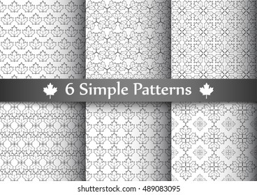 Set of six seemless patterns with grey maple leafs. Vector Illustration