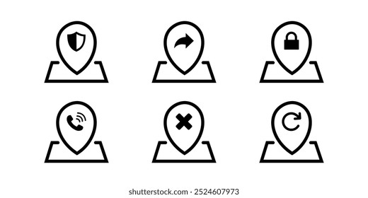 Set of six service-related icons within location markers; includes security shield and copyright symbols.
